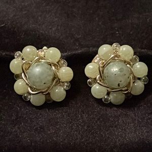 Vintage Faux Jade Beaded Cluster Clip On Earrings